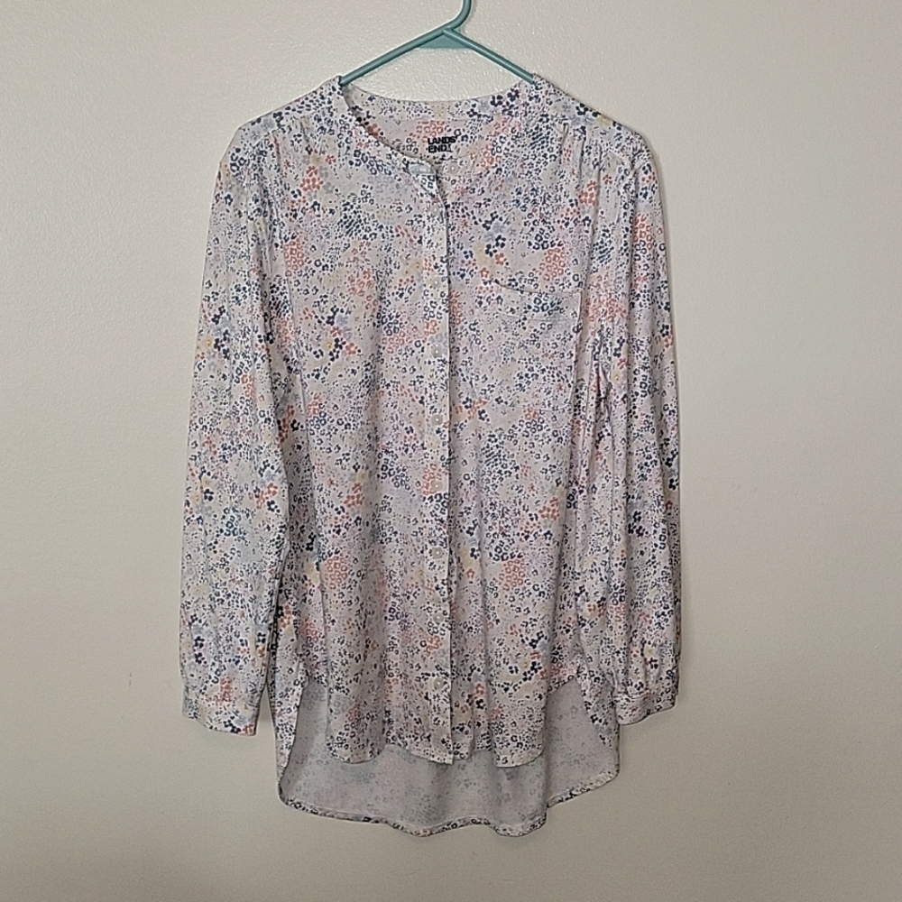 Lands End Womens Long Sleeve Jersey A-line Tunic M White muted blue ditzy floral